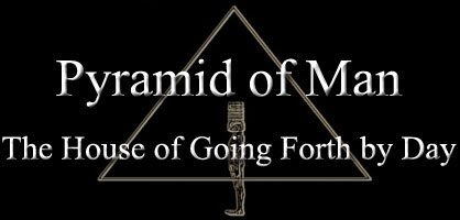 the Pyrmaid of Man logo - a mant sanding inside the pyramid crowned with the Djed symbol